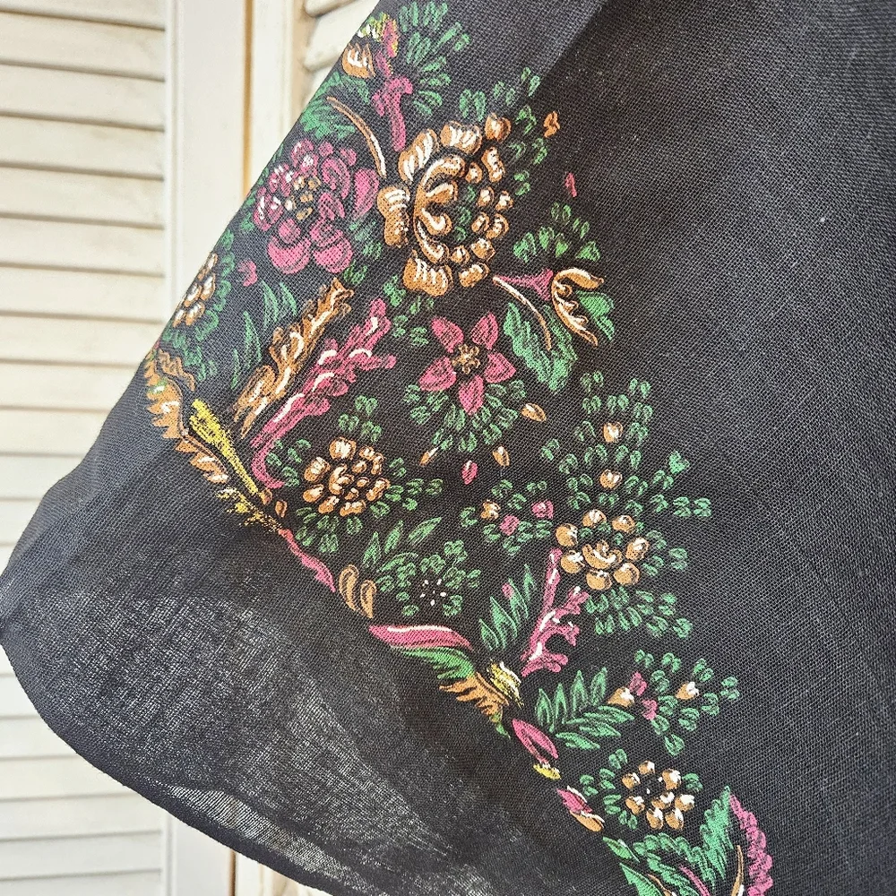 Vintage Black Cotton Square Shawl/Scarf With Printed Floral Design - Picture 4 of 8